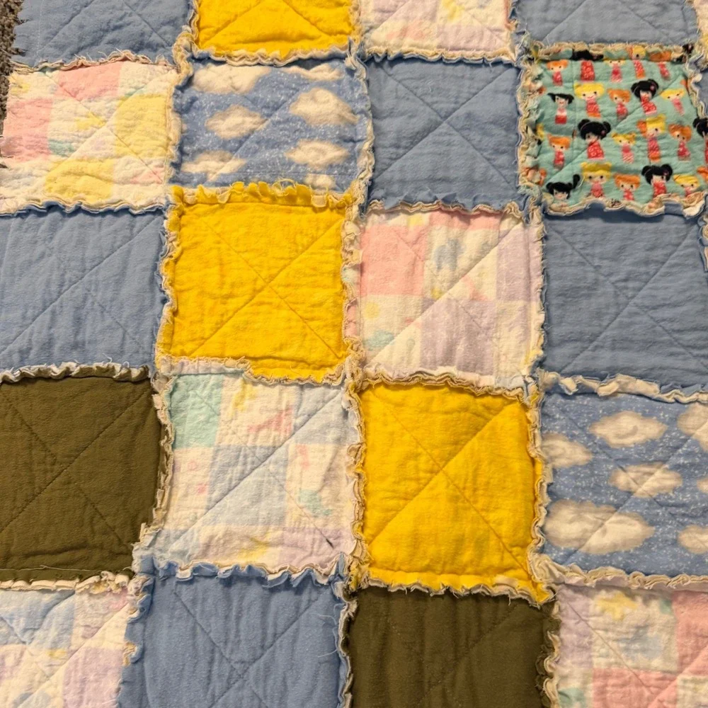 Handmade Patchwork Rag Quilt Blanket Nursery Toddler Blue Yellow Olive 53